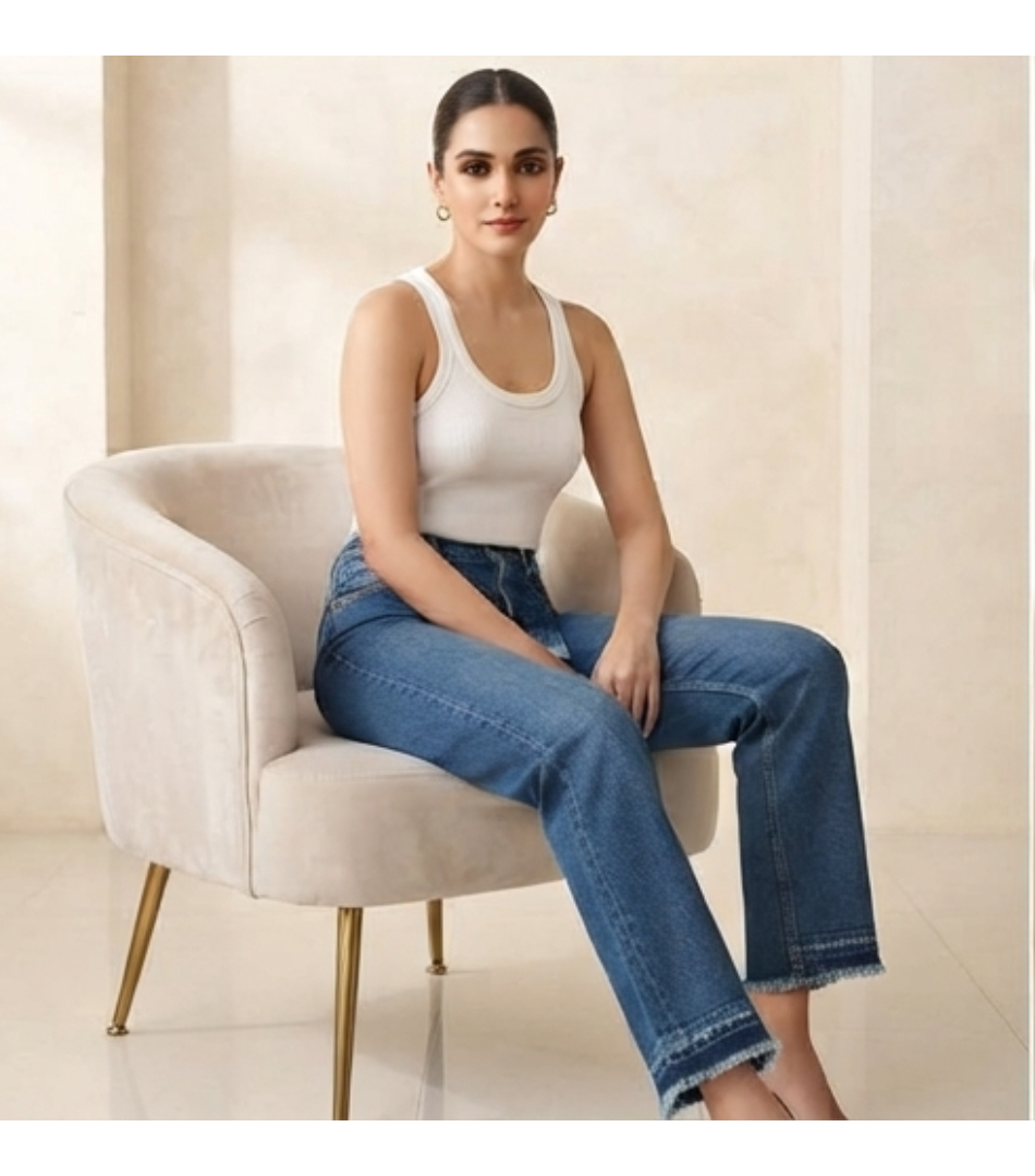 High-Rise Straight-Leg Denim Jeans with Frayed Hem