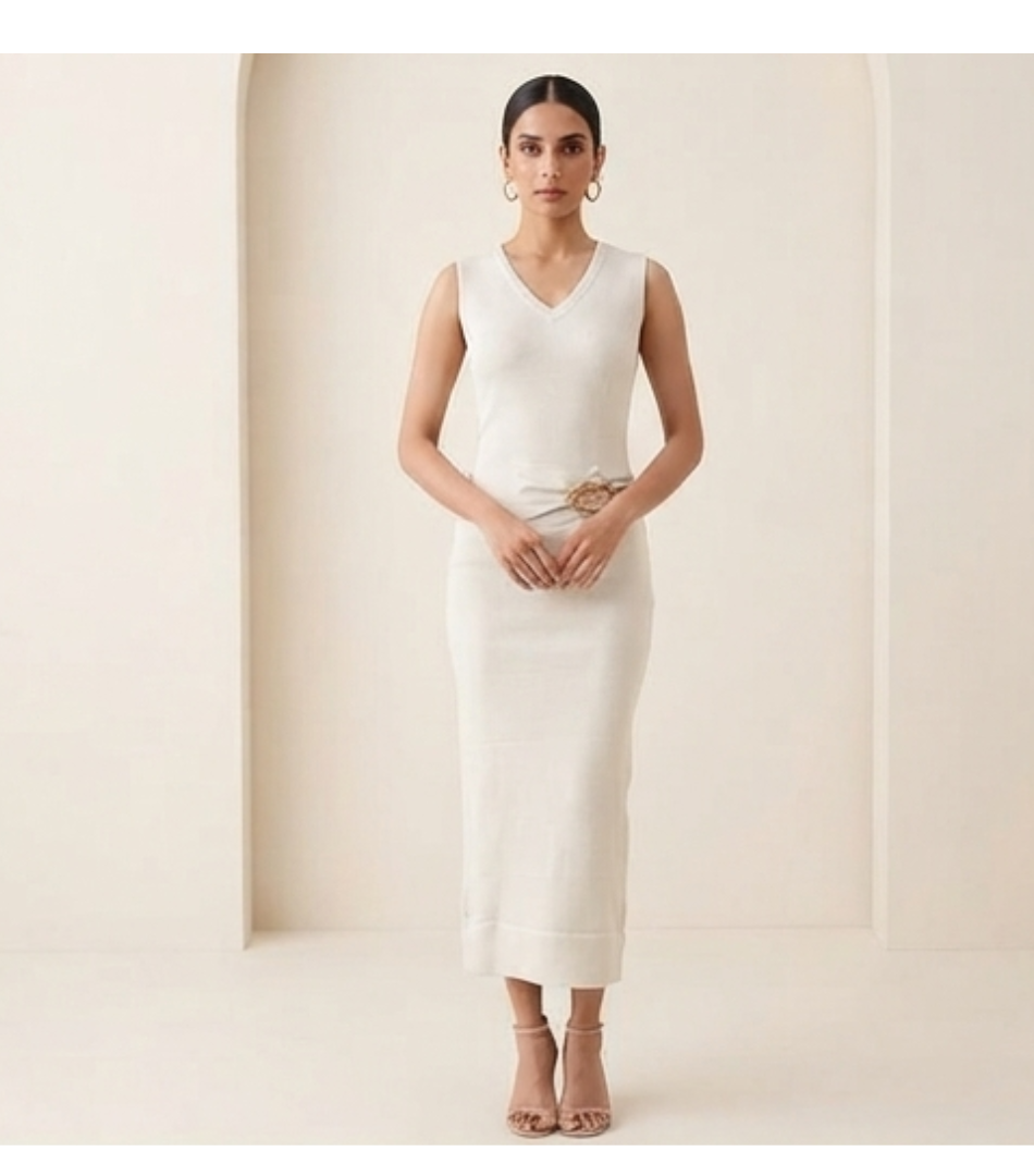 Off-White Ribbed V-Neck Sleeveless Midi Dress