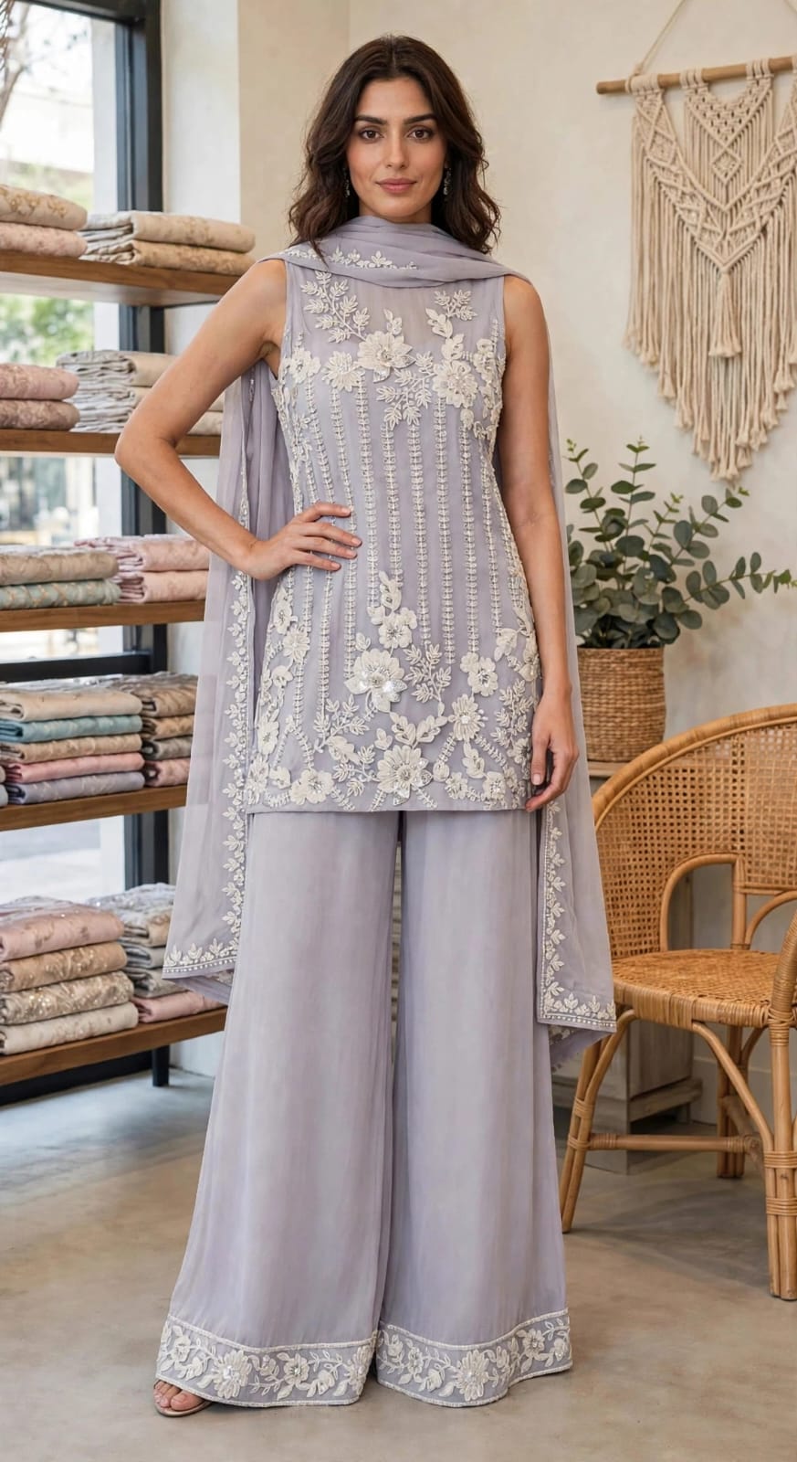 Muted Lavender-Grey Sleeveless High-Neck Sharara Suit Set with Dupatta