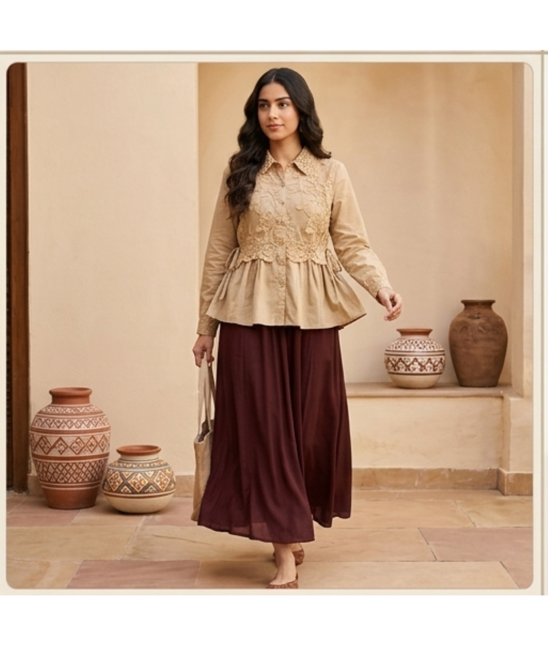 Women's Beige Floral Lace Overlay Button-Down Blouse with Crochet Collar and Side Ties