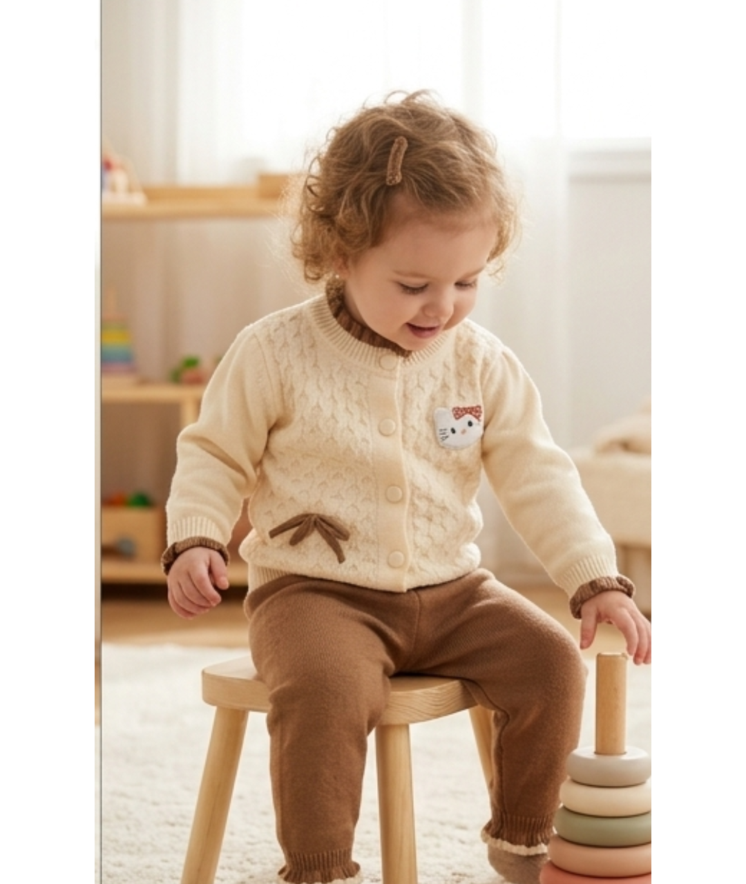 Toddler Girls Ruffle Collar Cable-Knit Cardigan & Pants Set – Cream & Mocha Brown