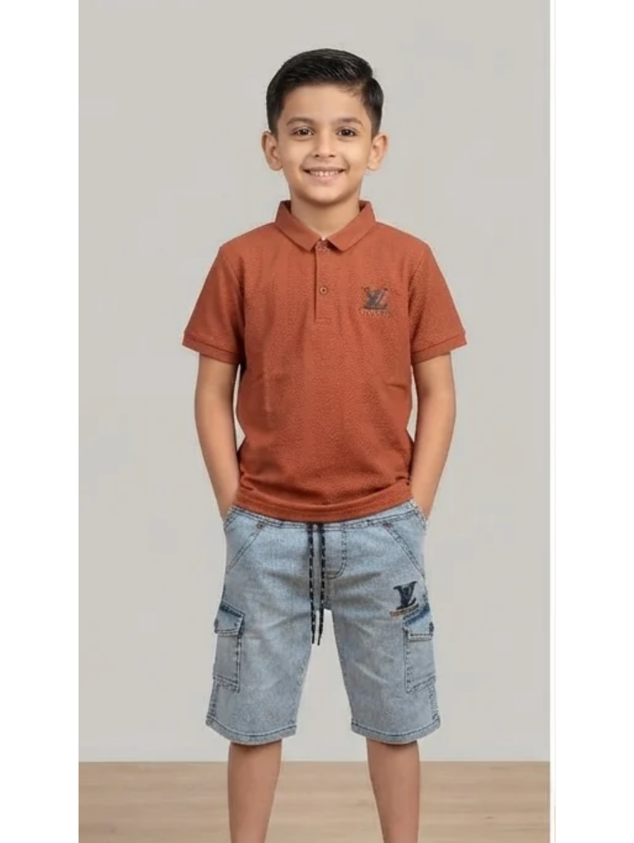 Textured Rust Polo & Light Denim Cargo Shorts Set