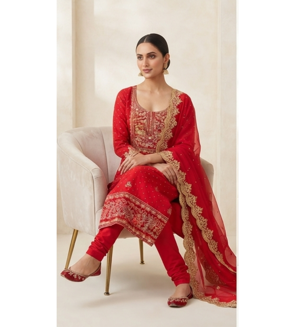 Crimson Red Zari & Sequin Embroidered Straight Kurta Set with Scalloped Dupatta