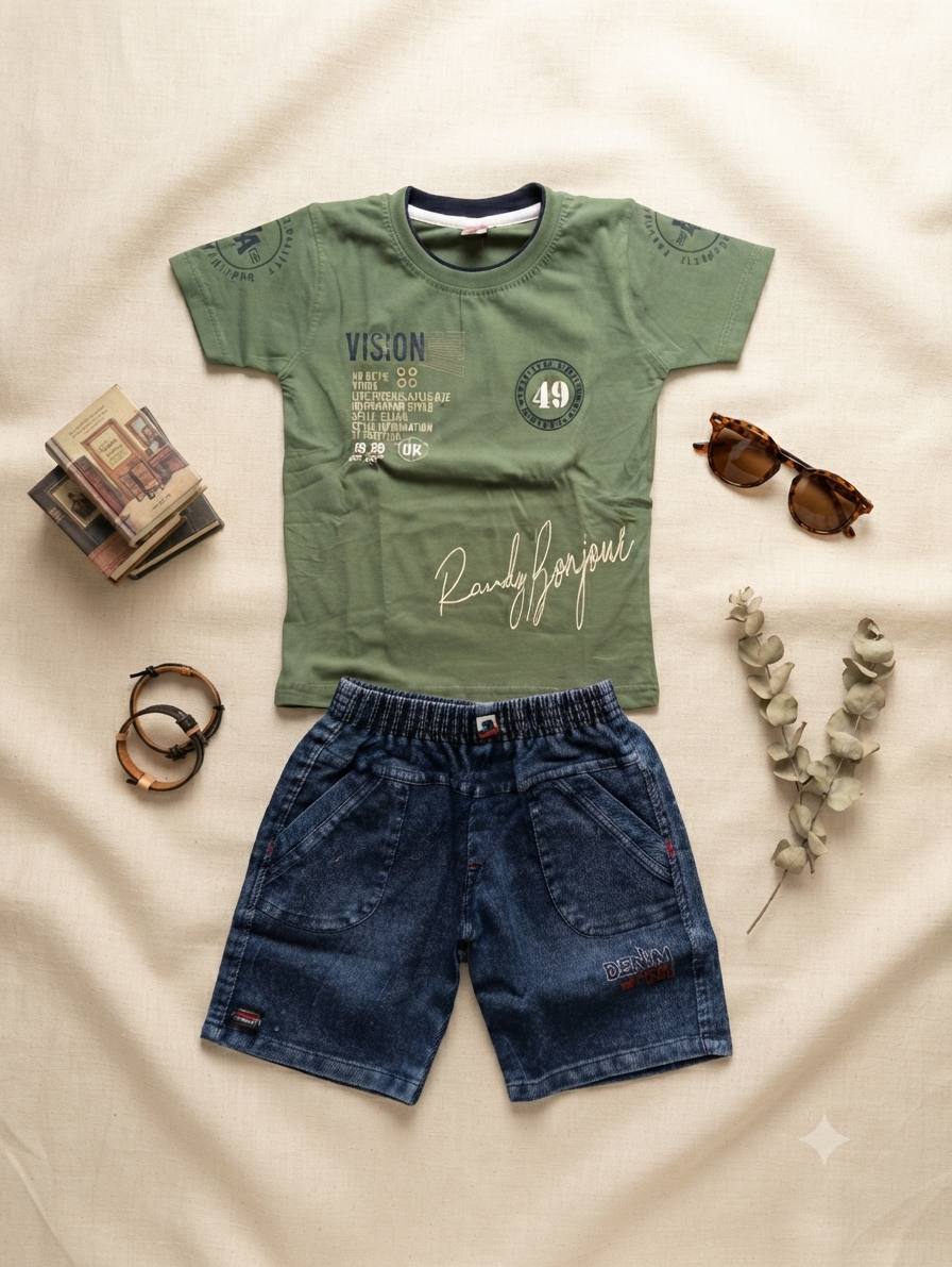Boys Olive Green Printed T-Shirt with Denim Look Shorts Set