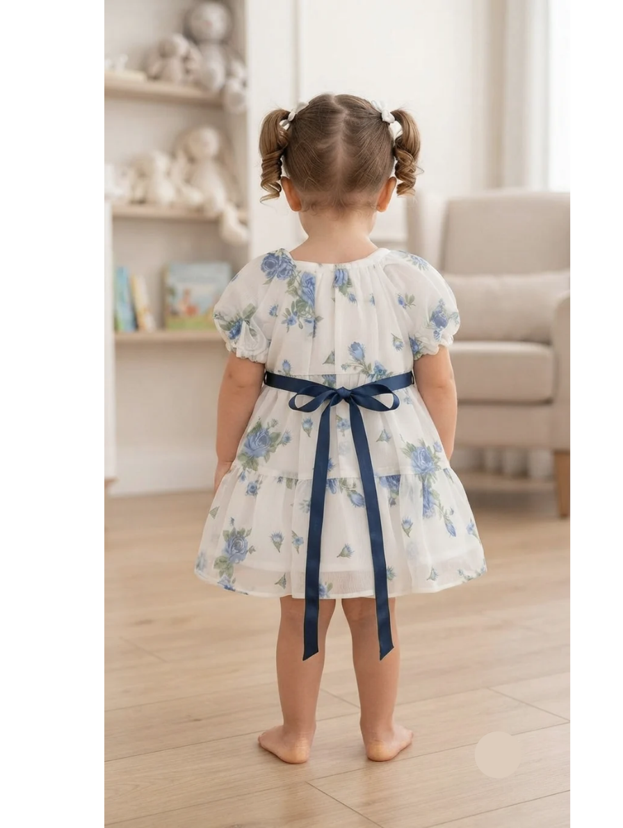 Blue Floral Chiffon Tiered Dress