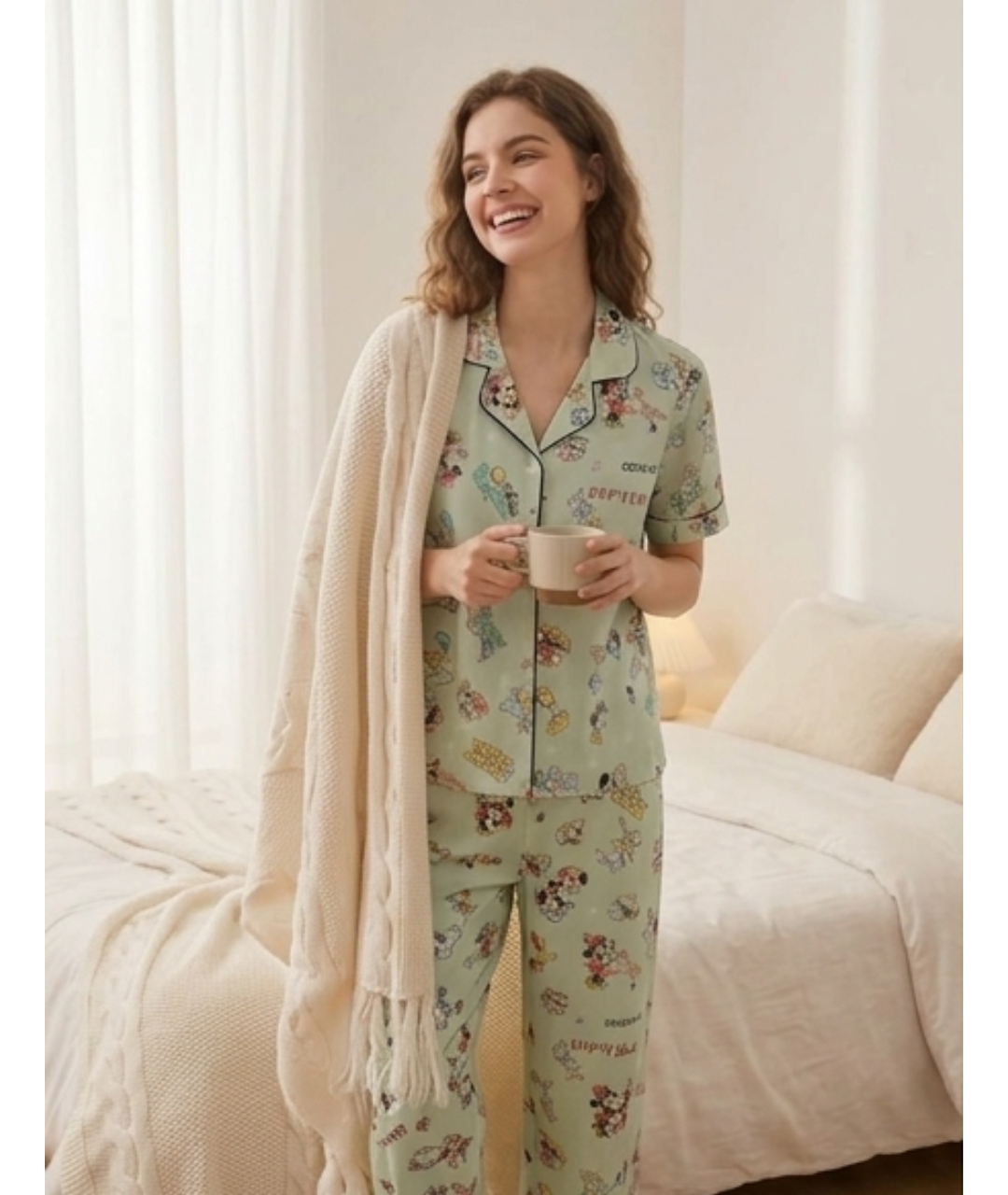 Women’s Sage Green Character Print Short-Sleeve Pajama Set – Notch Collar & Full Trousers