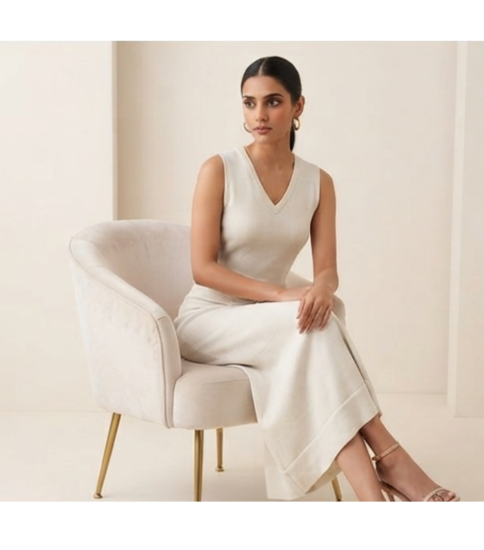 Off-White Ribbed V-Neck Sleeveless Midi Dress