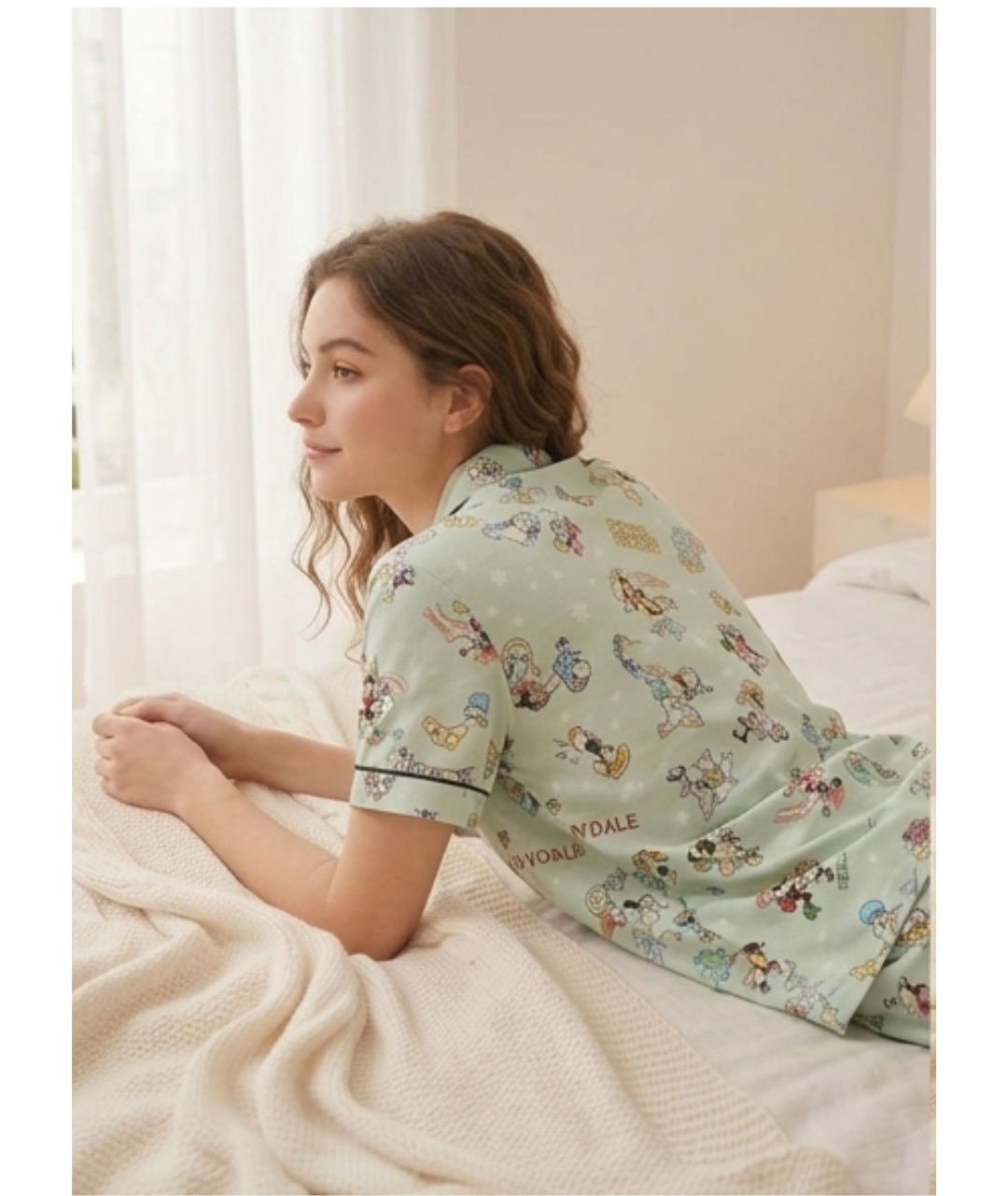 Women’s Sage Green Character Print Short-Sleeve Pajama Set – Notch Collar & Full Trousers
