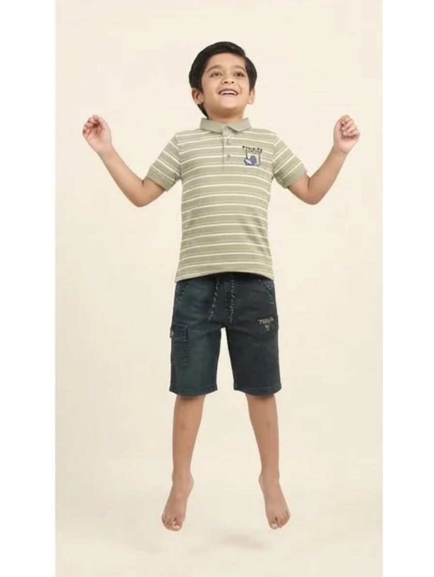 Olive Striped Polo & Dark Denim Shorts Set