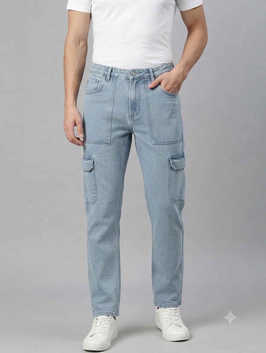 Light-Wash Utility Cargo Jeans