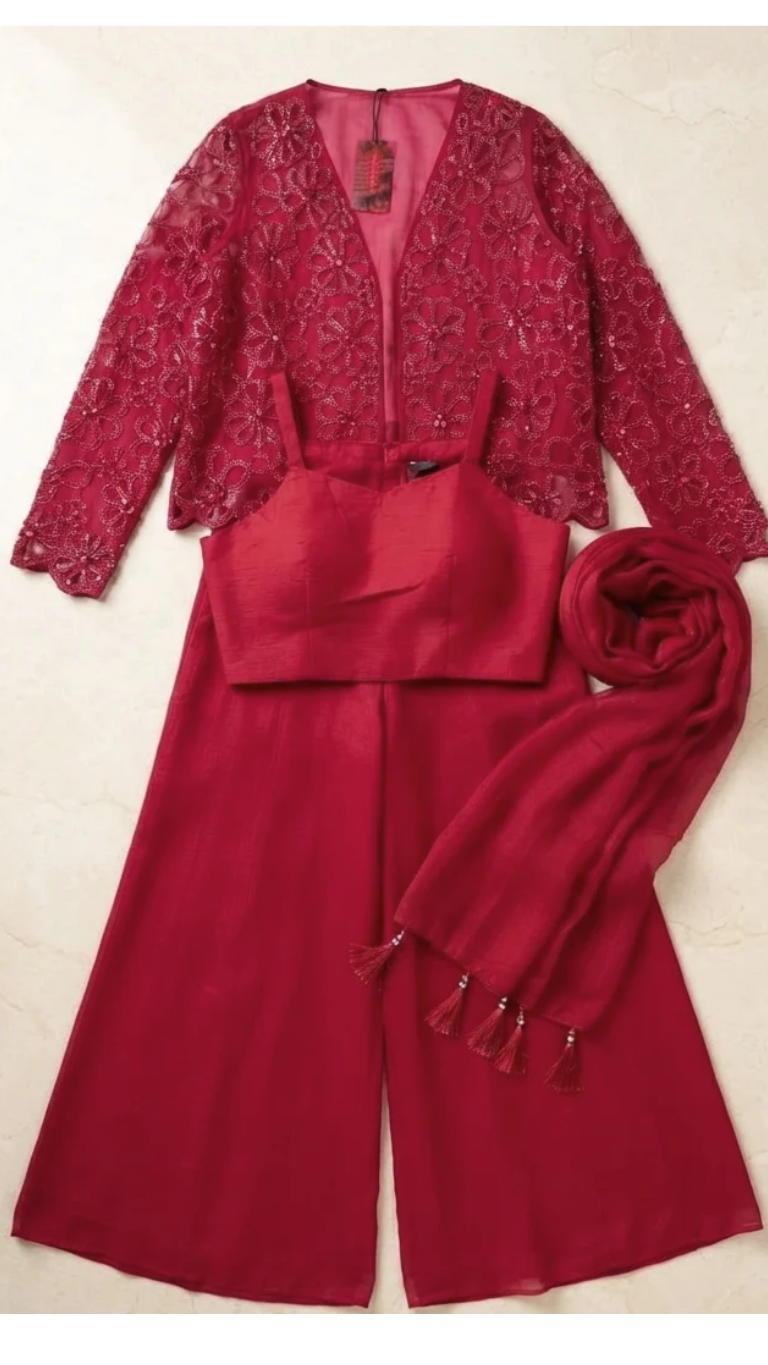 Vibrant Magenta Embellished Jacket & Palazzo Set