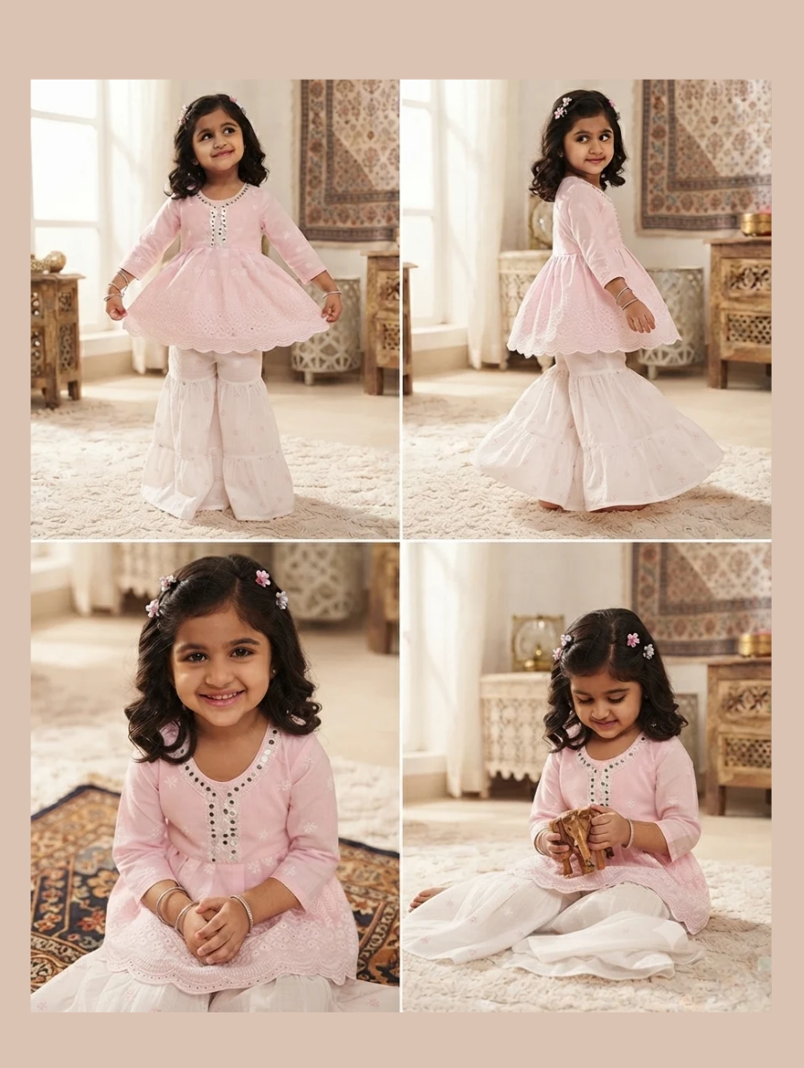 Pink Mirror-Work Peplum Top with White Sharara Set