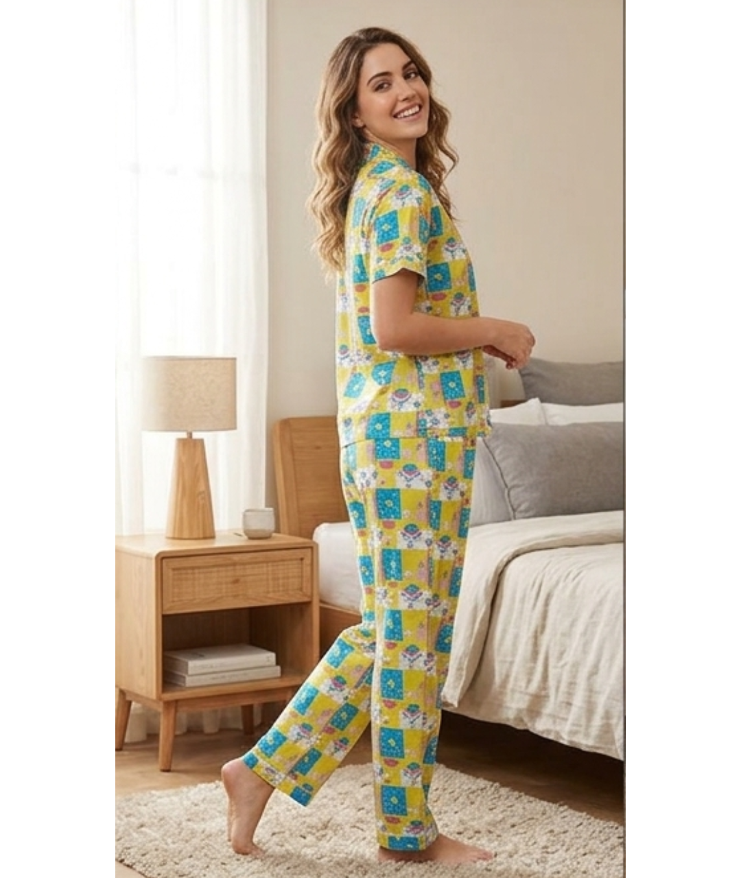 Vibrant Yellow & Blue Checkered Graphic Cotton Night Suit Set