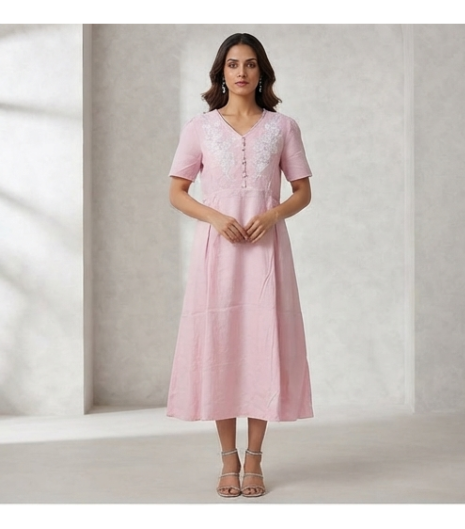 Light Pink Floral Embroidered V-Neck Midi Dress