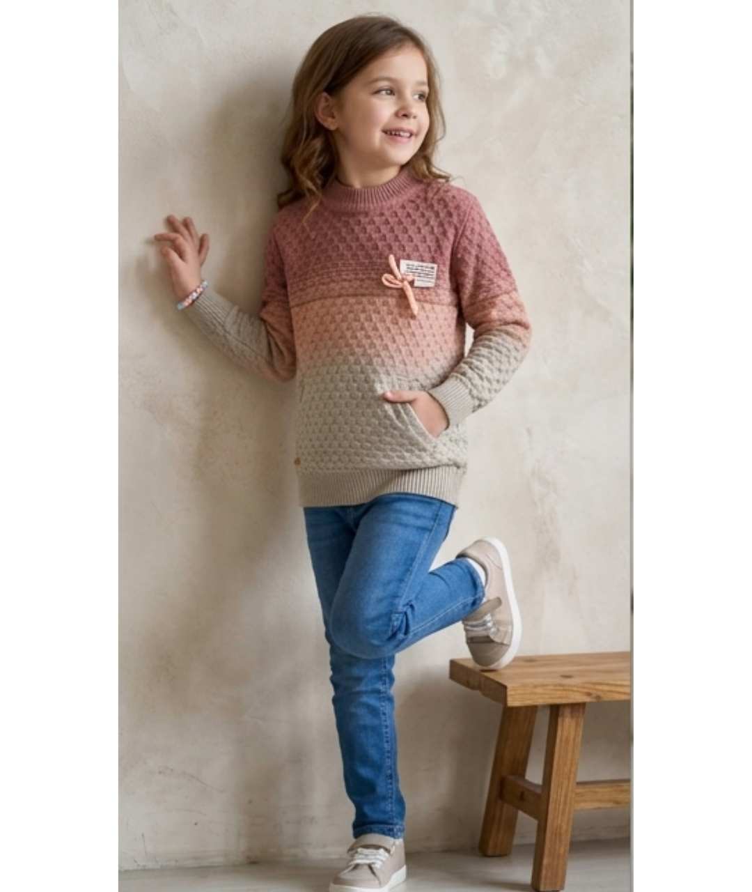Girls' Ombré Textured Knit Sweater with Bow Detail – Dusty Rose & Sage