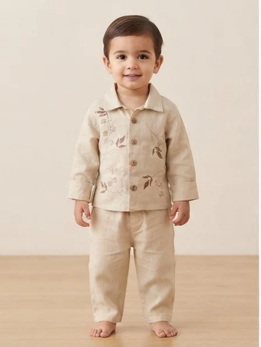 Beige Linen Long-Sleeve Shirt & Pants Set with Floral Embroidery