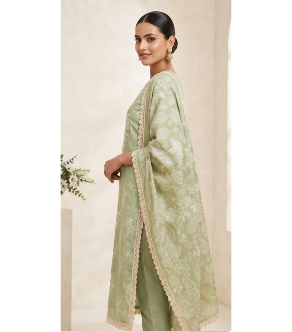 Sage Green Printed & Embroidered Straight Kurta Set