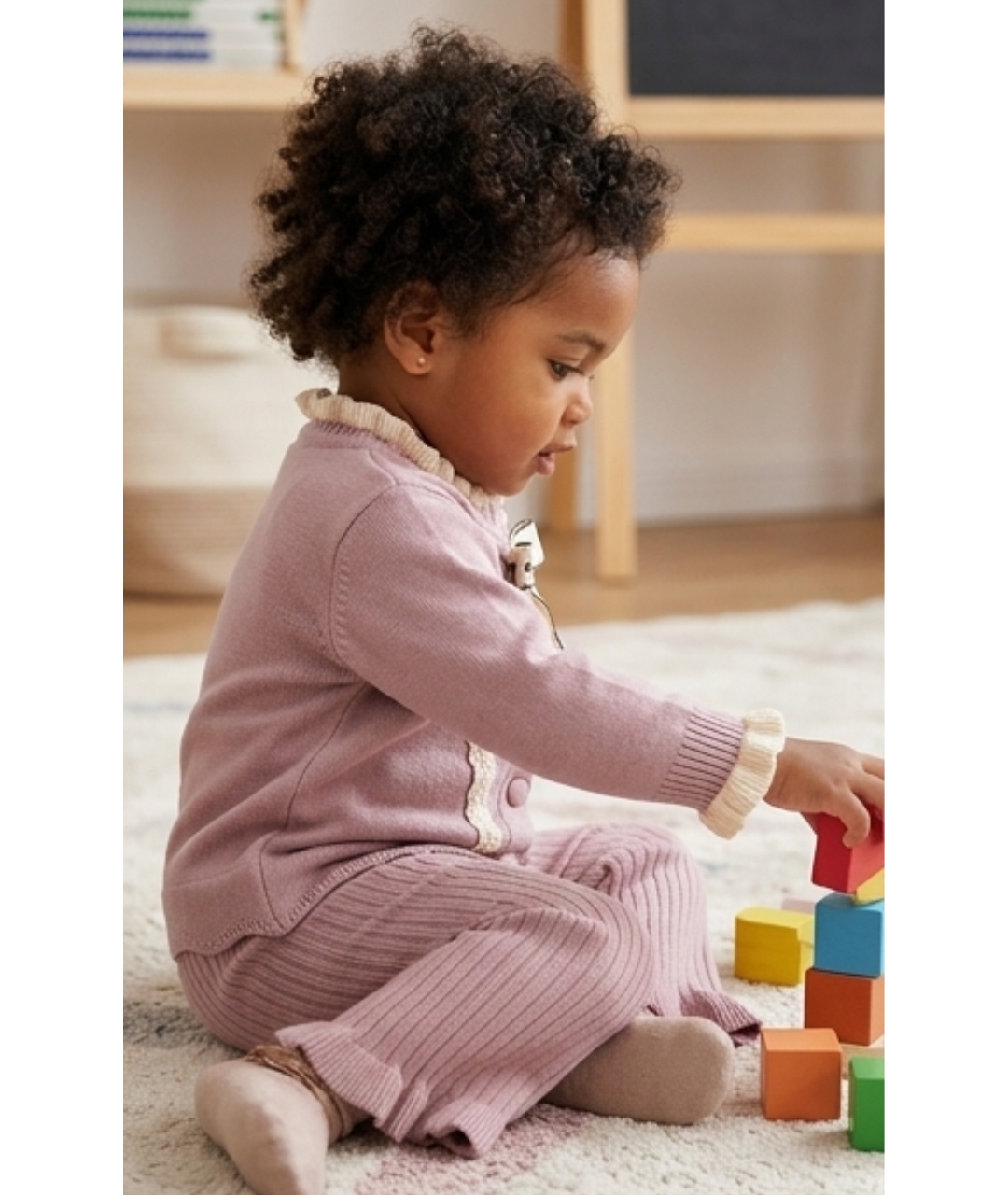 Toddler Girls Pearl Bow Knit Cardigan & Flared Pants Set – Dusty Mauve & Cream