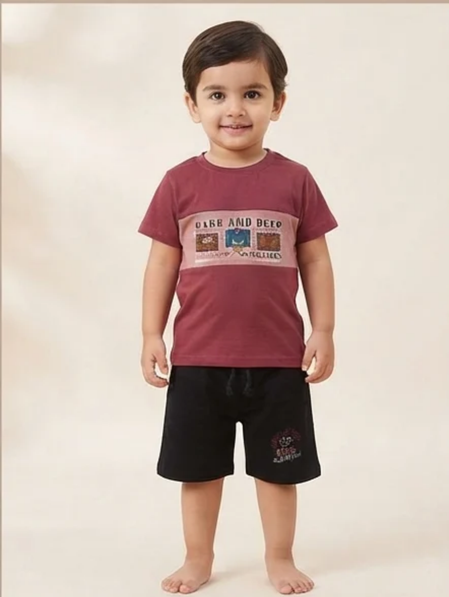 Maroon T-Shirt & Black Shorts Set