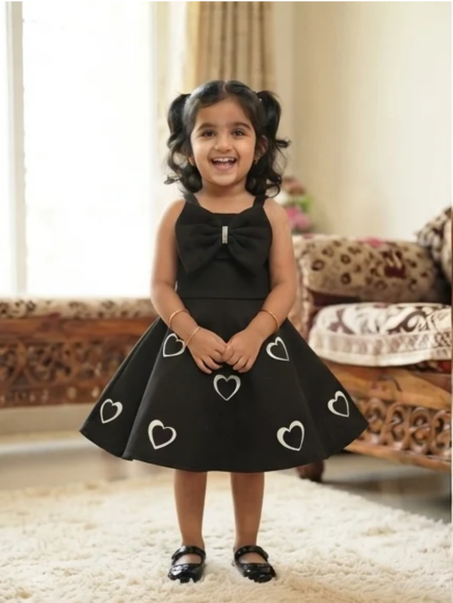 Elegant Black Sleeveless A-Line Party Dress with White Heart Appliques and Bow