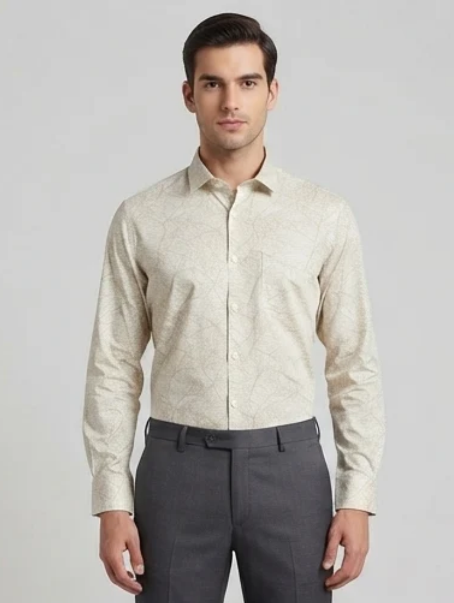 Premium Cream and Gold Abstract-Print Slim-Fit Shirt