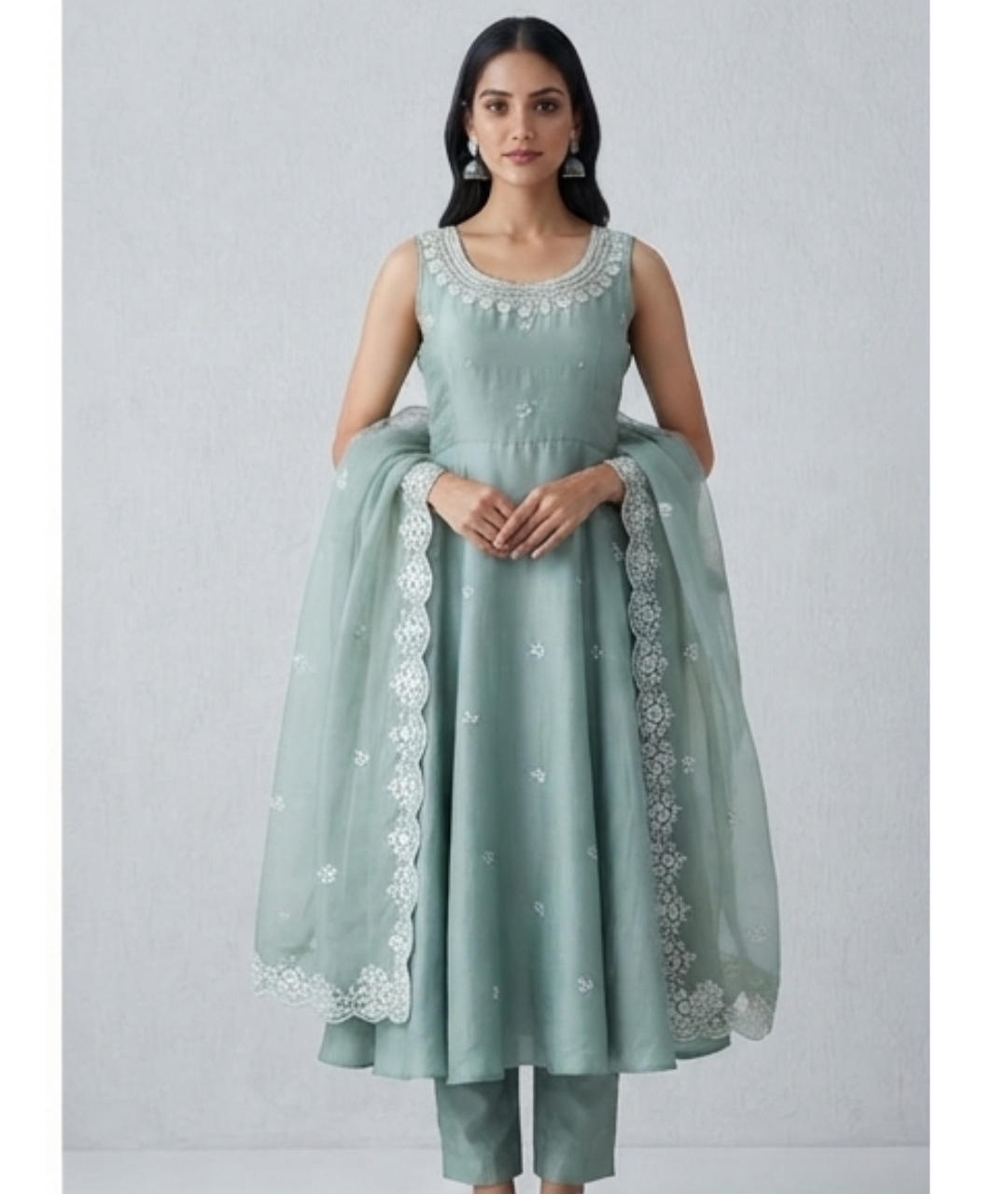 Sage Green Embroidered Umbrella-Cut Suit Set with Scalloped Organza Dupatta