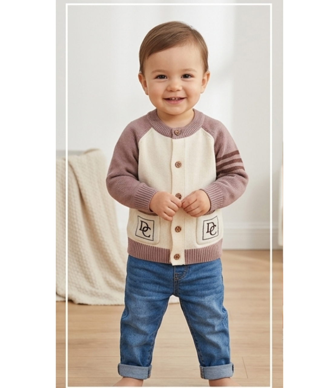 Toddler Boys Monogram Pocket Colorblock Knit Cardigan – Light Taupe & Cream