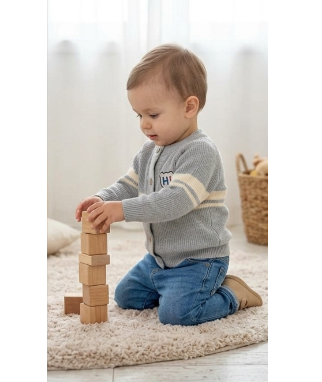 Toddler Boys Striped Knit Cardigan Sweater – Heather Grey with "HI!" Patch