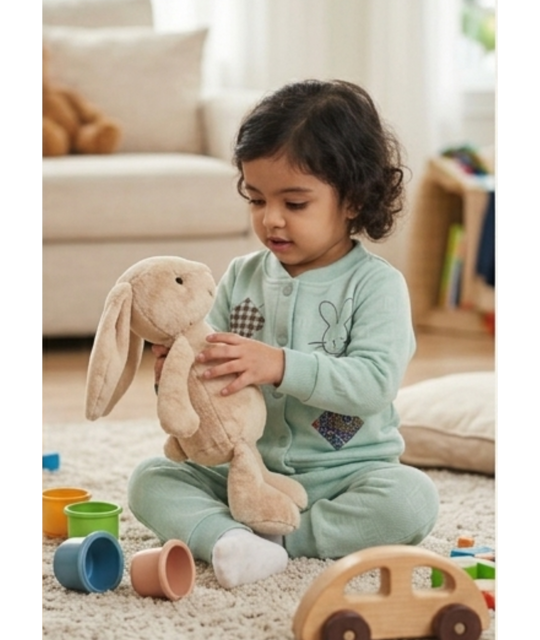 Toddler Girls' Sweet Mint Rabbit-Patched Button-Up Knit Top & Pants Set