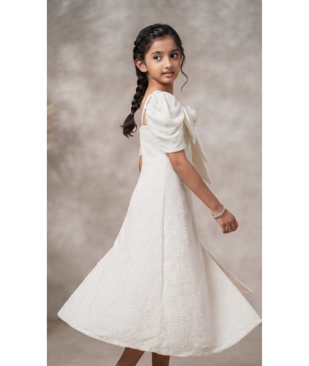 Gazab Clothing Elegant White Beaded Straight-Fit Long Dress with Satin Bow & Matching Bag