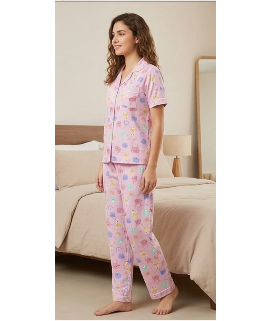 Lavender Forest Animal & Rainbow Printed Cotton Night Suit Set