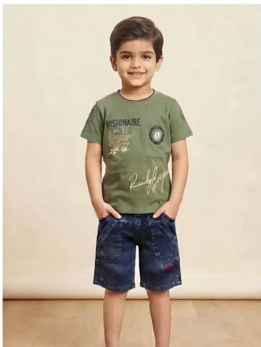 Boys' Olive Green "Visionaire" T-Shirt & Denim Shorts Set