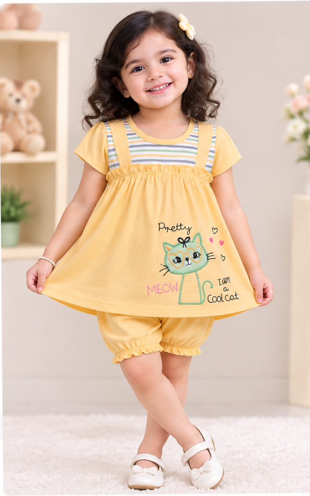 Girls Yellow Cat Embroidered Dress with Bloomers Set