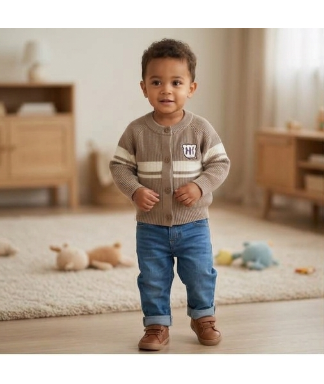 Toddler Knit Cardigan Sweater – Neutral Stripe with "HI!" Patch