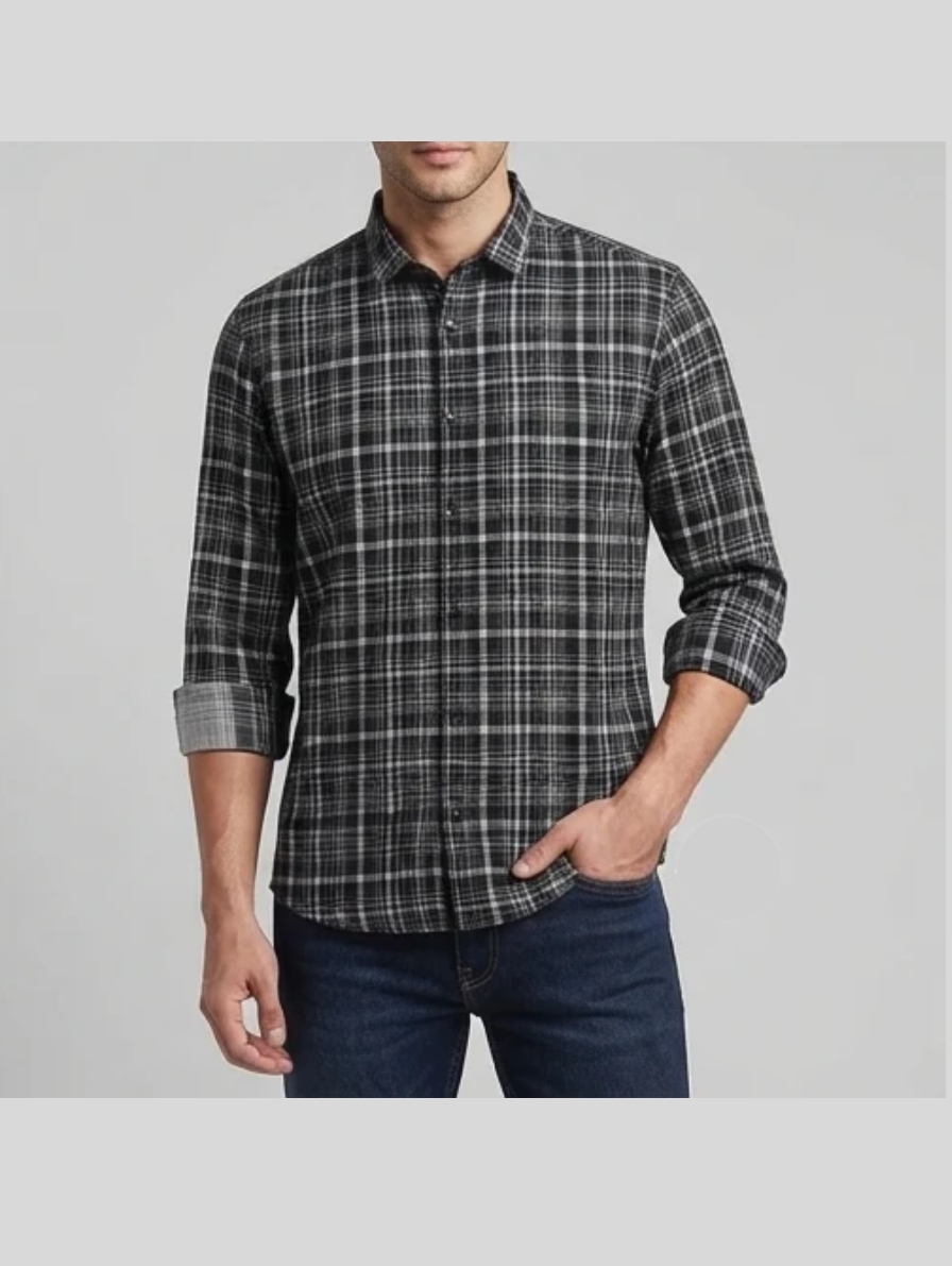 Classic Black and White Plaid Casual Flannel Shirt for Men
