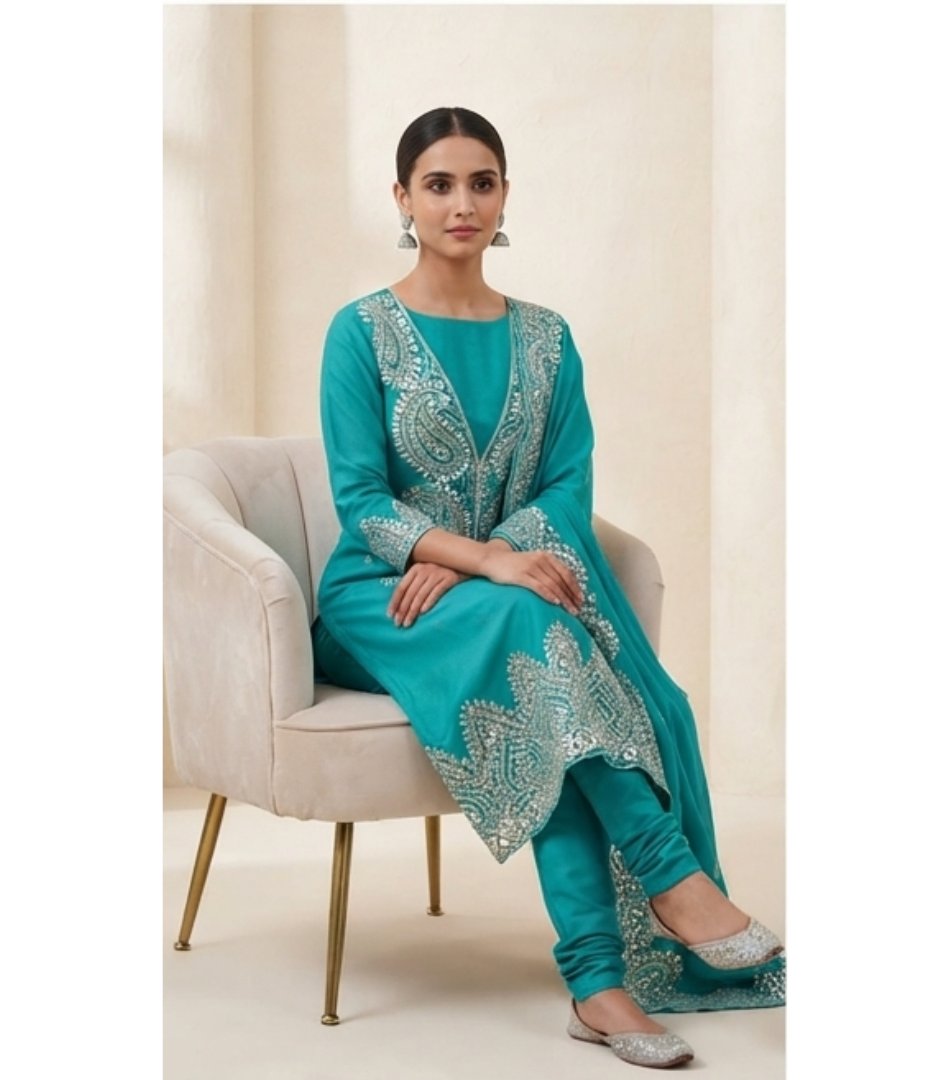 Teal Blue Paisley Mirror-Work Straight Kurta Set