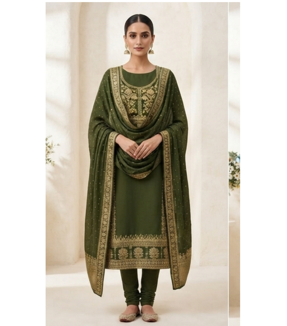 Olive Green Zari Embroidered Straight Kurta Set with Banarasi Border Dupatta