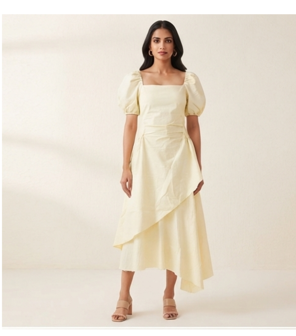 Pale Yellow Puff-Sleeve Asymmetric Midi Dress