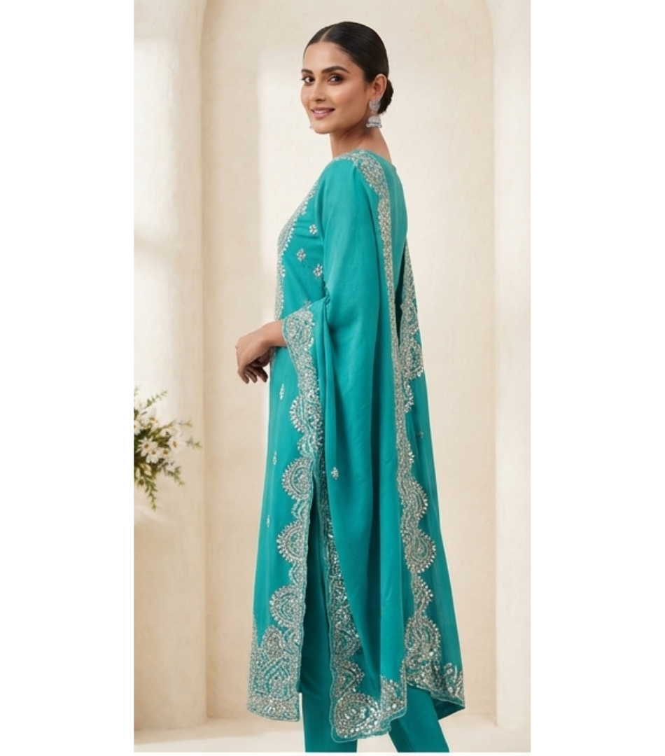 Teal Blue Paisley Mirror-Work Straight Kurta Set