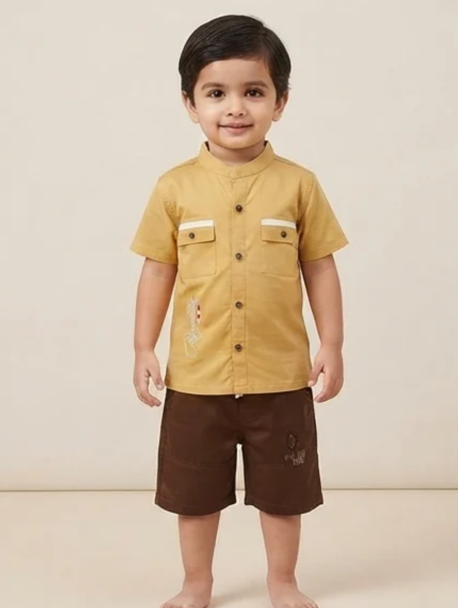 Mustard Yellow Short-Sleeve Utility Shirt & Brown Shorts Set