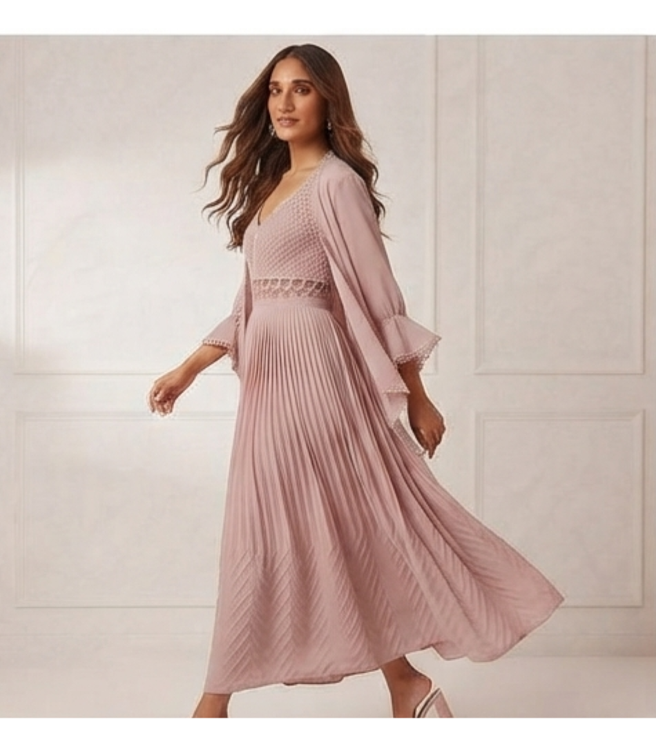 Dusty Rose Pleated Maxi Dress with Matching Cape Se