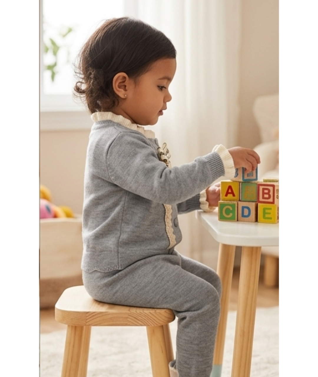 Toddler Girls Pearl Bow Knit Cardigan & Pants Set – Heather Grey & Cream