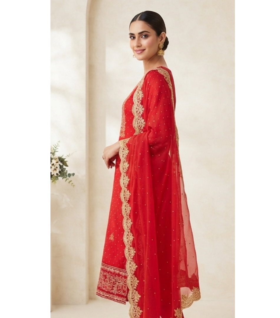 Crimson Red Zari & Sequin Embroidered Straight Kurta Set with Scalloped Dupatta