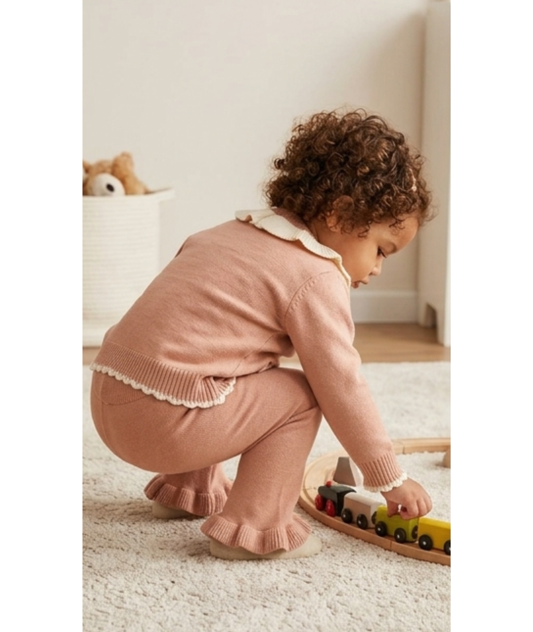 Toddler Girls Heart Pocket Knit Cardigan & Flared Pants Set – Dusty Rose & Cream