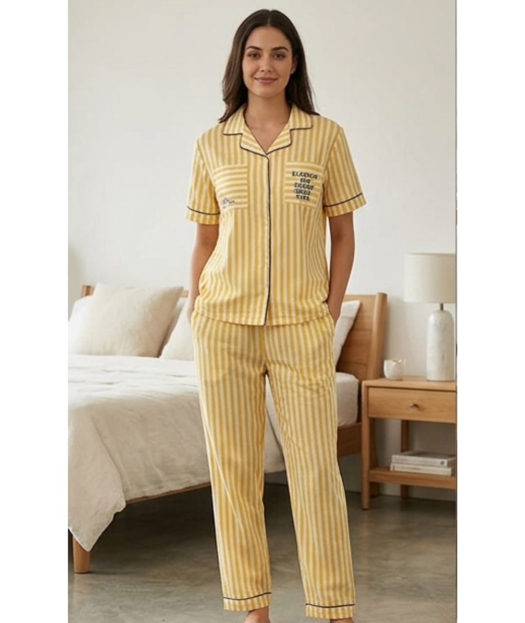 Sunny Yellow Striped & Printed Cotton Night Suit Set