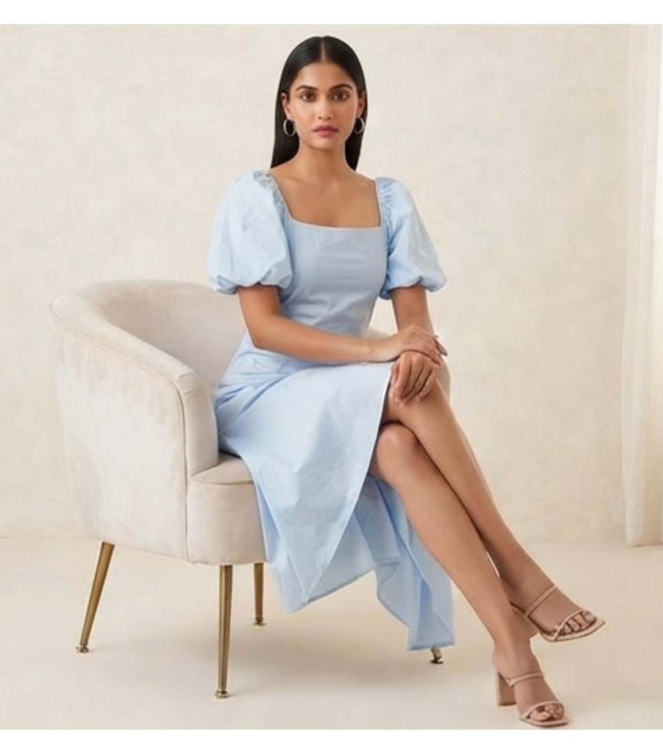 Powder Blue Puff-Sleeve Ruched Asymmetric Midi Dress