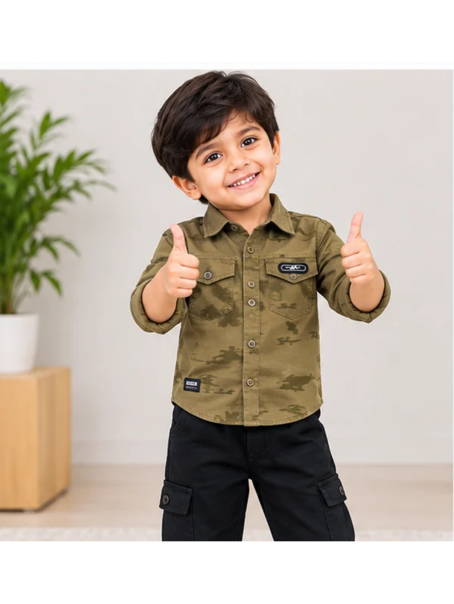 Boys Olive Camo Print Shirt & Black Cargo Pants Set