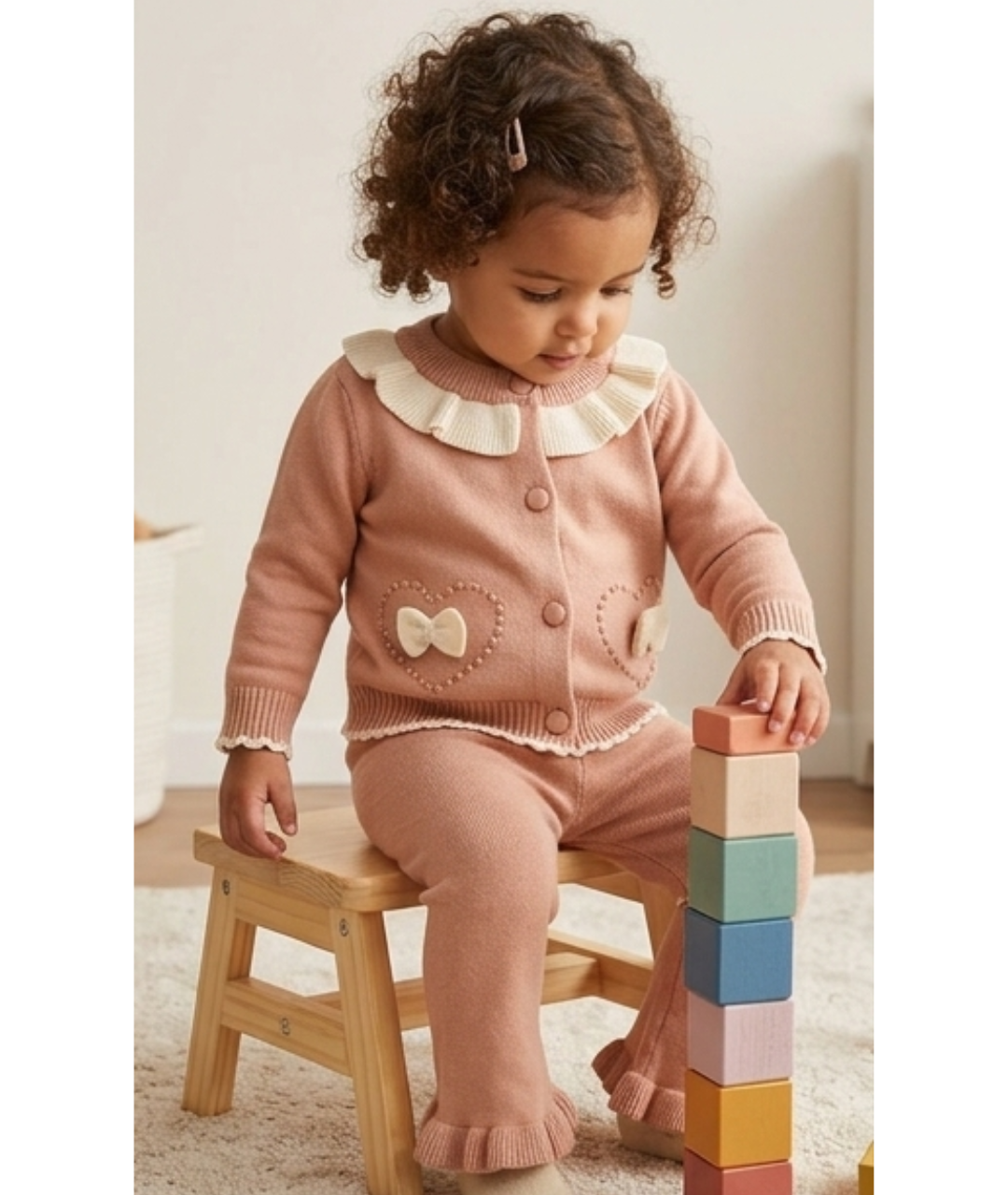 Toddler Girls Heart Pocket Knit Cardigan & Flared Pants Set – Dusty Rose & Cream