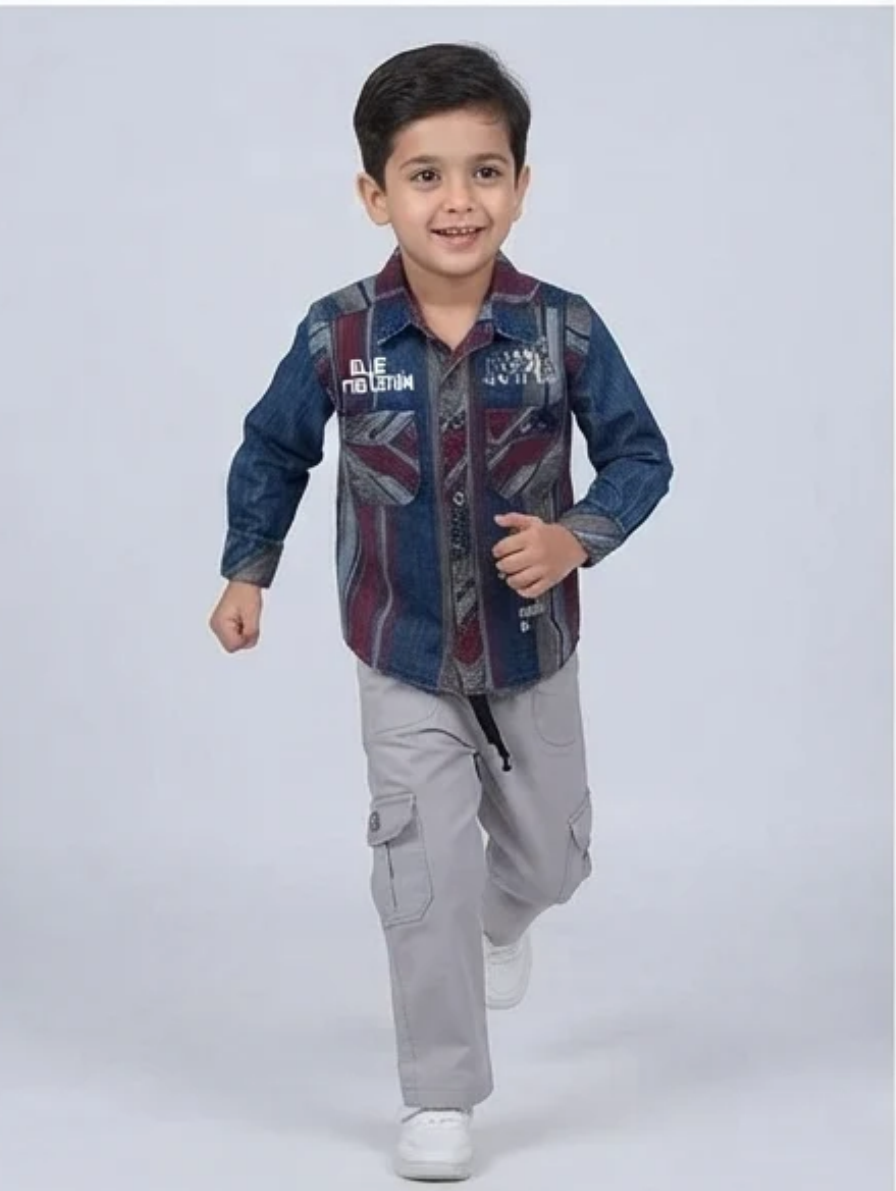 Striped Denim Shirt & Cargo Pants Set