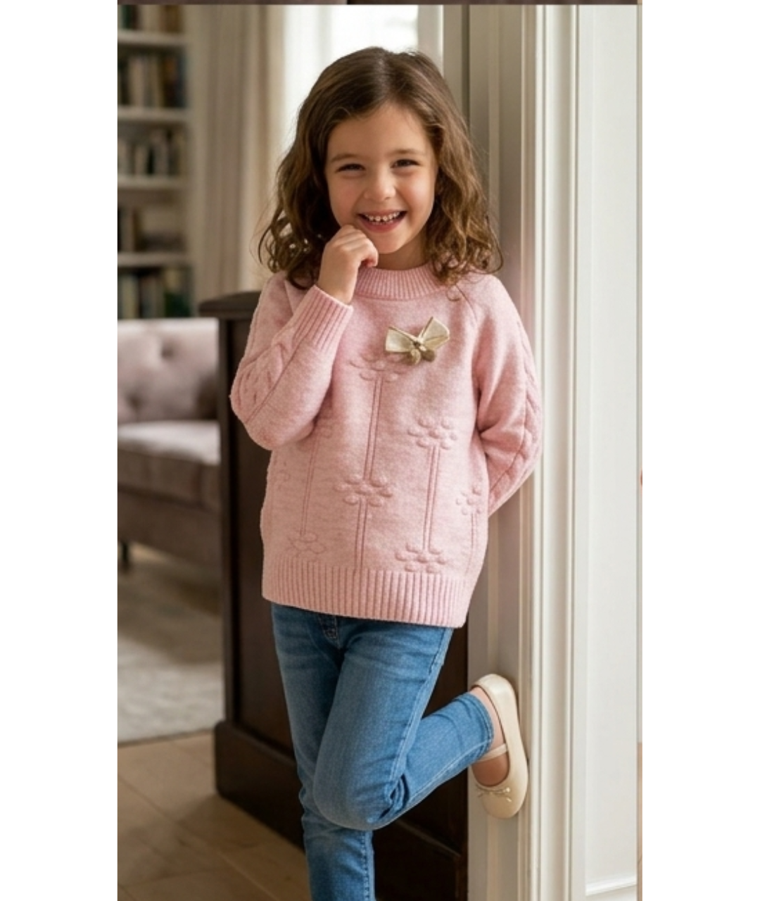 Girls' Sweet Bow-Accent Cable-Knit Sweater – Pastel Pink